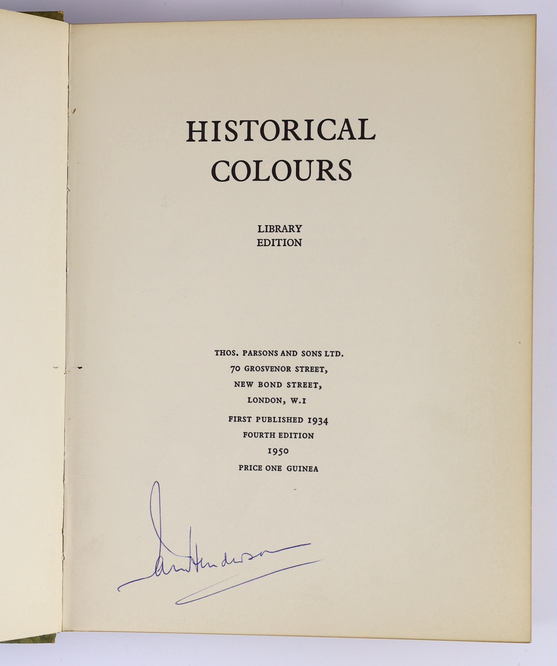 Thomas Parsons and Sons Ltd. - Historical Colours, 4th (Library) Edition. 136 mounted colour samples; original green patterned boards with black labels, marbled and patterned e/ps. (The Company), 1950